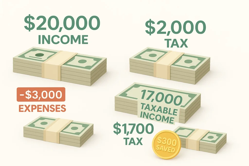 Stacks of money illustrating the tax savings between $17,000 of taxable income and $20,000 of taxable income.