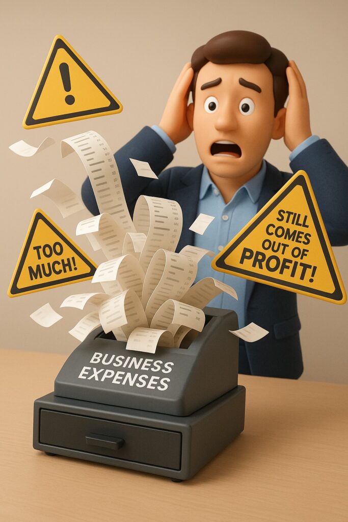 A cartoon illustration of receipts flying out of a cash register with caution signs that say, "too much" and "still comes out of profit!".