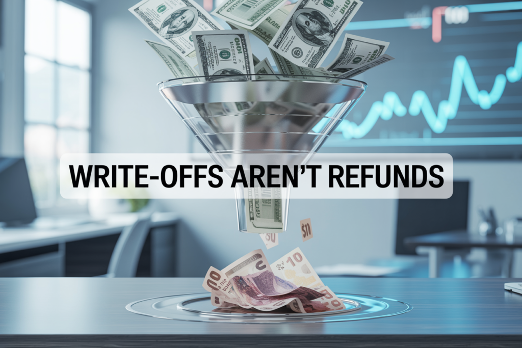 A funnel showing more money going in than coming out with text that says write-offs aren't refunds meaning money spent on business expenses does not equal the same amount saved or refunded.
