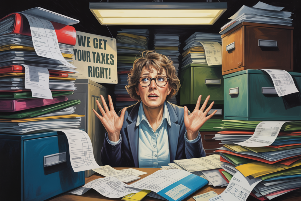 Tax preparer looking frazzled at lots of receipts for tax write-offs. Stacks of papers and filing boxes piled around the tax preparer and her desk.