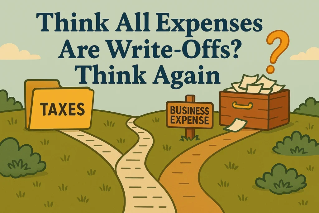 A picture of multiple pathways - one says taxes, one says business expense.