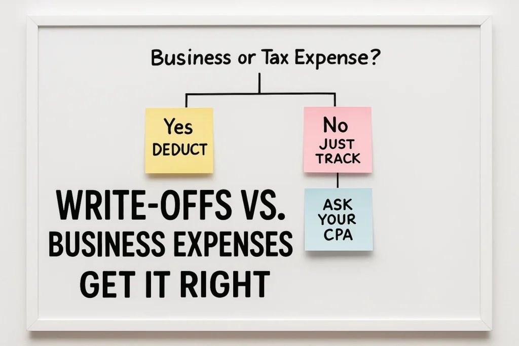A whiteboard that says Business or Tax Expense? With post its that say: Yes, Deduct. No, Just track. Ask your CPA.