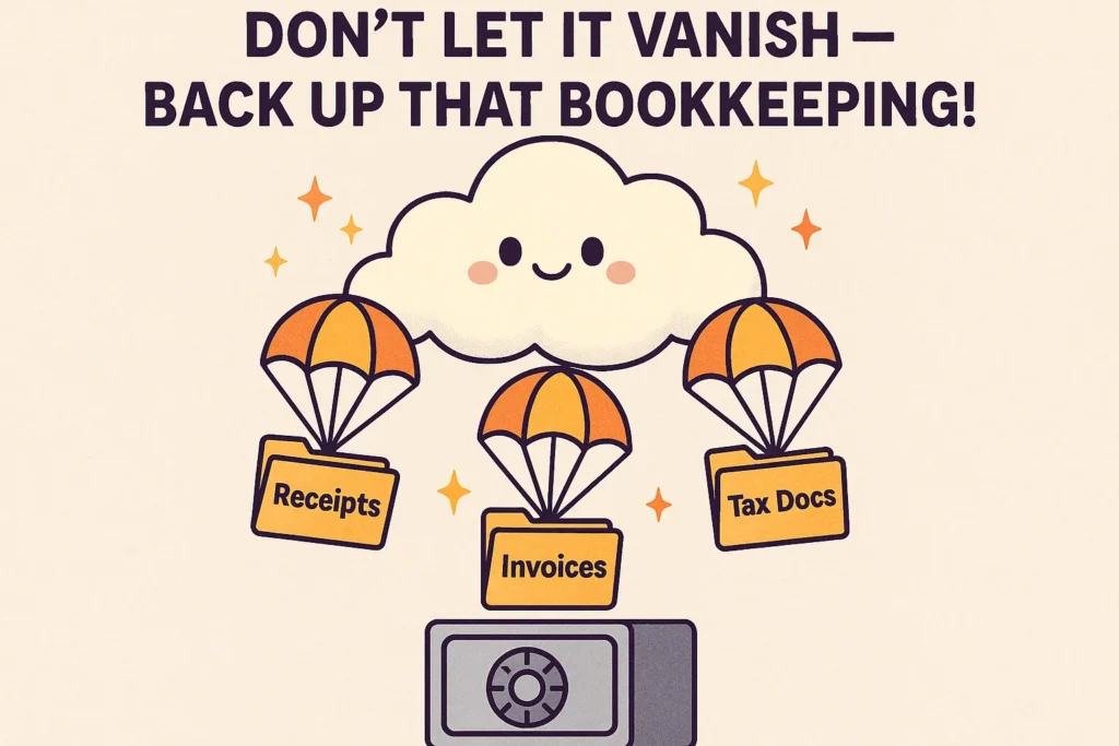 Three parachutes in front of a cloud - each parachute has a folder. One folder labeled receipts, one folder labeled invoices, and one folder labeled tax docs. The folders are floating down to the safe. The caption says don't let it vanish - back- up that bookkeeping.