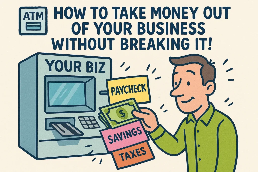 A cartoon style image with a man at an atm labeled "your biz" and rectangles showing cash, labeled paycheck, labeled savings, and labeled taxes.