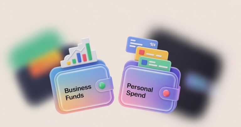 Two wallets - one showing business funds and one showing personal spend. Separate business and personal finances.