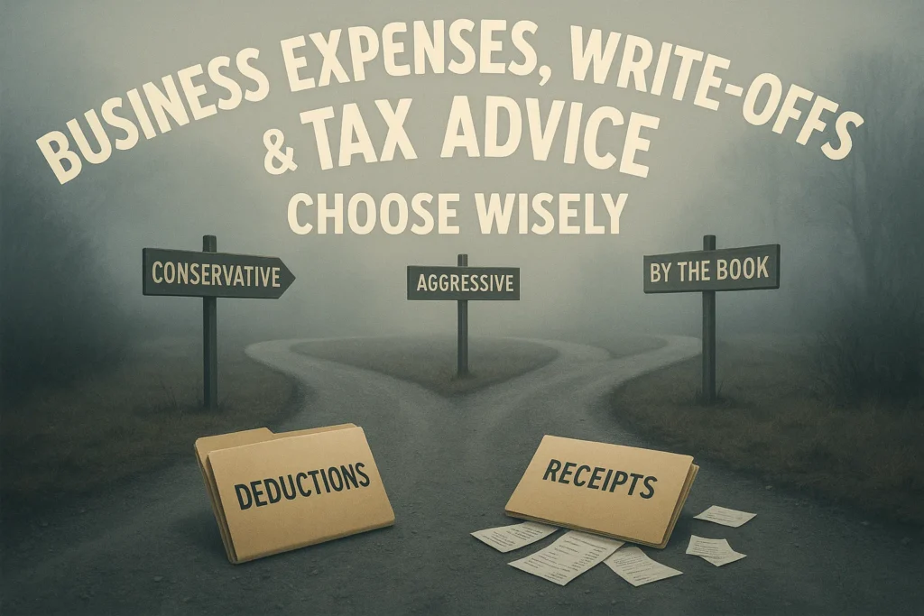 A foggy scene with different pathways - one marked conservative, one marked aggressive, and one marked by the book. Folders labeled deductions and receipts are sitting on the ground.