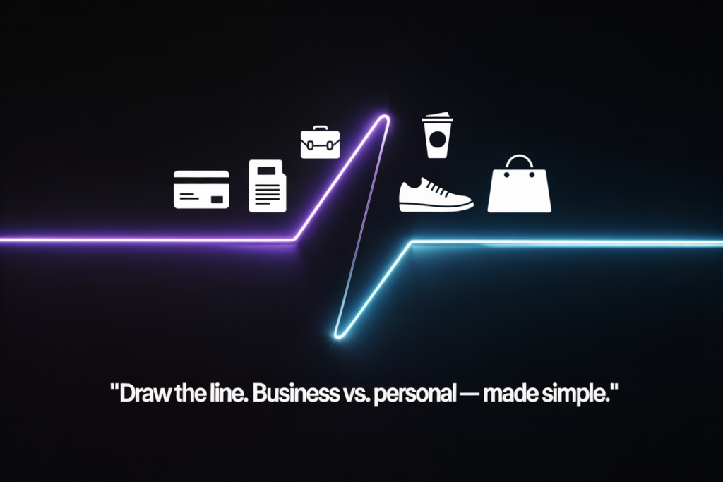 An image with a line dividing expenses between business and personal - one side has a credit card, invoice, and briefcase and one side has a coffee cup, shoe, and purse. The caption says "Draw the Line. Business vs personal - made simple."