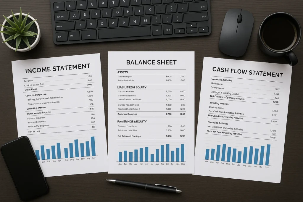 A picture of an income statement, balance sheet, and cash flow statement spread out on a desk. Illustrating that you can do DIY Bookkeeping and generate financial statements.