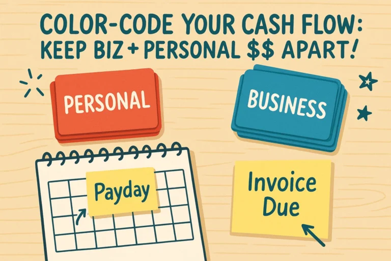 An image labeled personal with payday underneath it and business with invoice due underneath it. The caption says color-code your cash floe: keep biz and personal $$ apart!