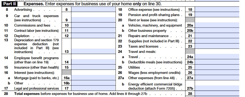 Screenshot of the expenses section or the IRS Schedule C.