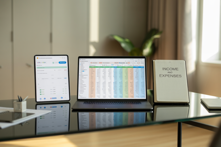 An image of a tablet displaying bookkeeping software, a laptop displaying a spreadsheet, and a notebook with income and expense written on it to illustrate the different ways of DIY bookkeeping.