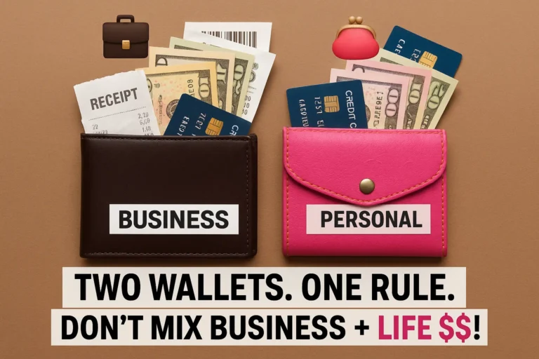 An image of a brown wallet labeled business and a pink wallet labeled personal. The caption says two wallets. One Rule. Don't mix business and life $$!