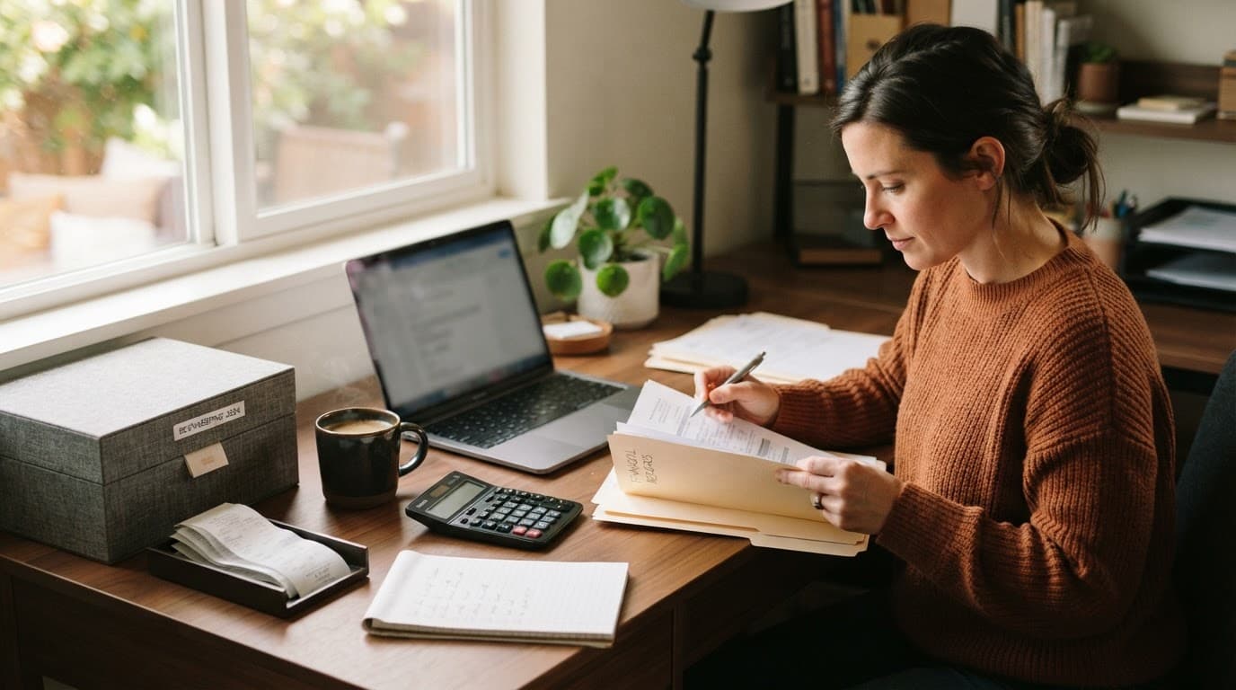 A business owner sorts receipts at a tidy desk with a laptop and calculator.
