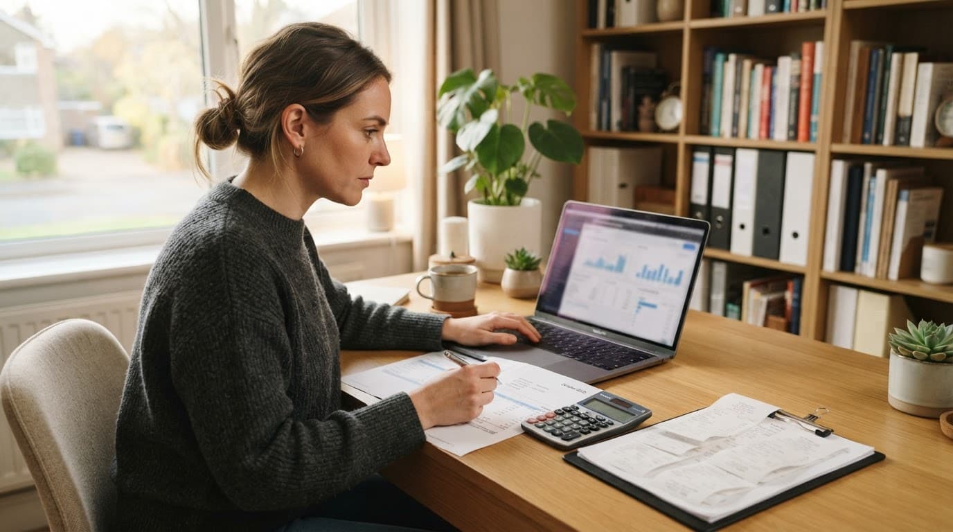 Business owner reviewing financial papers and a laptop at a tidy home-office desk.
